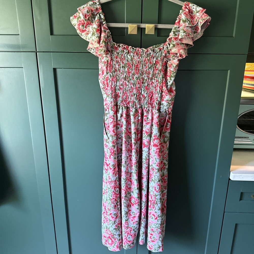 Floral Flutter‎ Sleeve Pink Rose midi Dress With Pockets size S - Picture 4 of 6